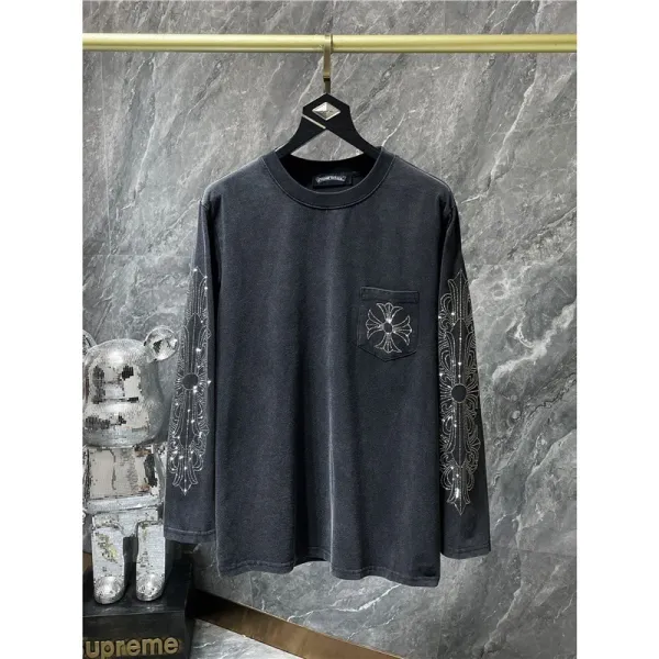 Chrome Hearts Long Sleeve T-Shirt Black Crystal Embroidery Pocket Tee - 1
