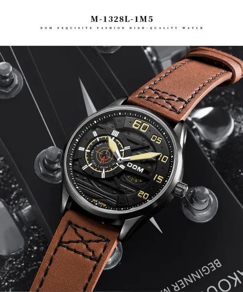 Design DOM DOM Chronograph Military Green Leather Strap Watch Watches - 18