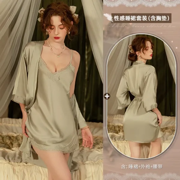Design Silk Lace Trim Sleepwear Set Sage Green - 1