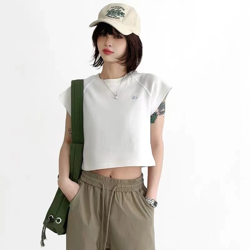 Design Cropped Raglan Sleeve T-Shirt Gray Tops.t Shirts - 5