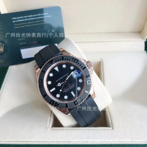 Rolex Yacht-Master Black Dial Rose Gold Bezel Rubber Strap Watch Watches - 1