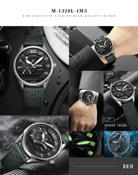 Design DOM DOM Chronograph Military Green Leather Strap Watch Watches - 24