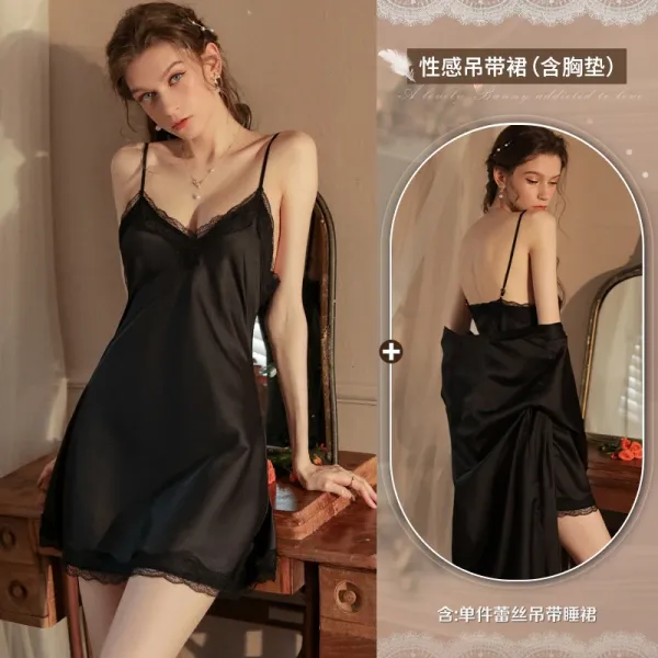 Design Silk Lace Trim Camisole Nightdress Black Sleepwear - 1