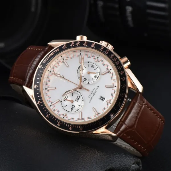 Omega Speedmaster Chronograph Rose Gold White Dial Brown Leather Watch Watches - 1