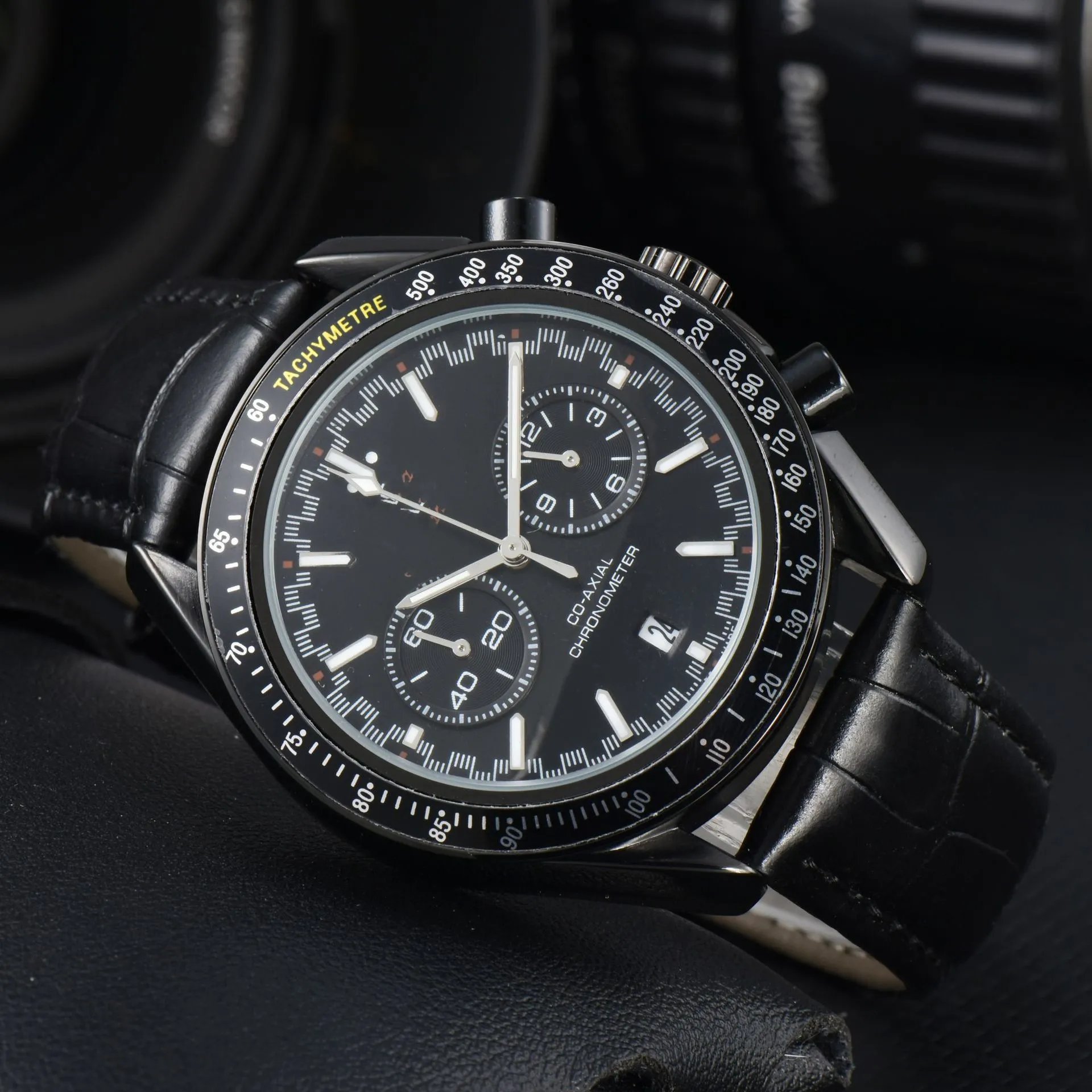Design Chronograph Tachymetre Black Dial Rose Gold Case Leather Strap Watch Watches - 5