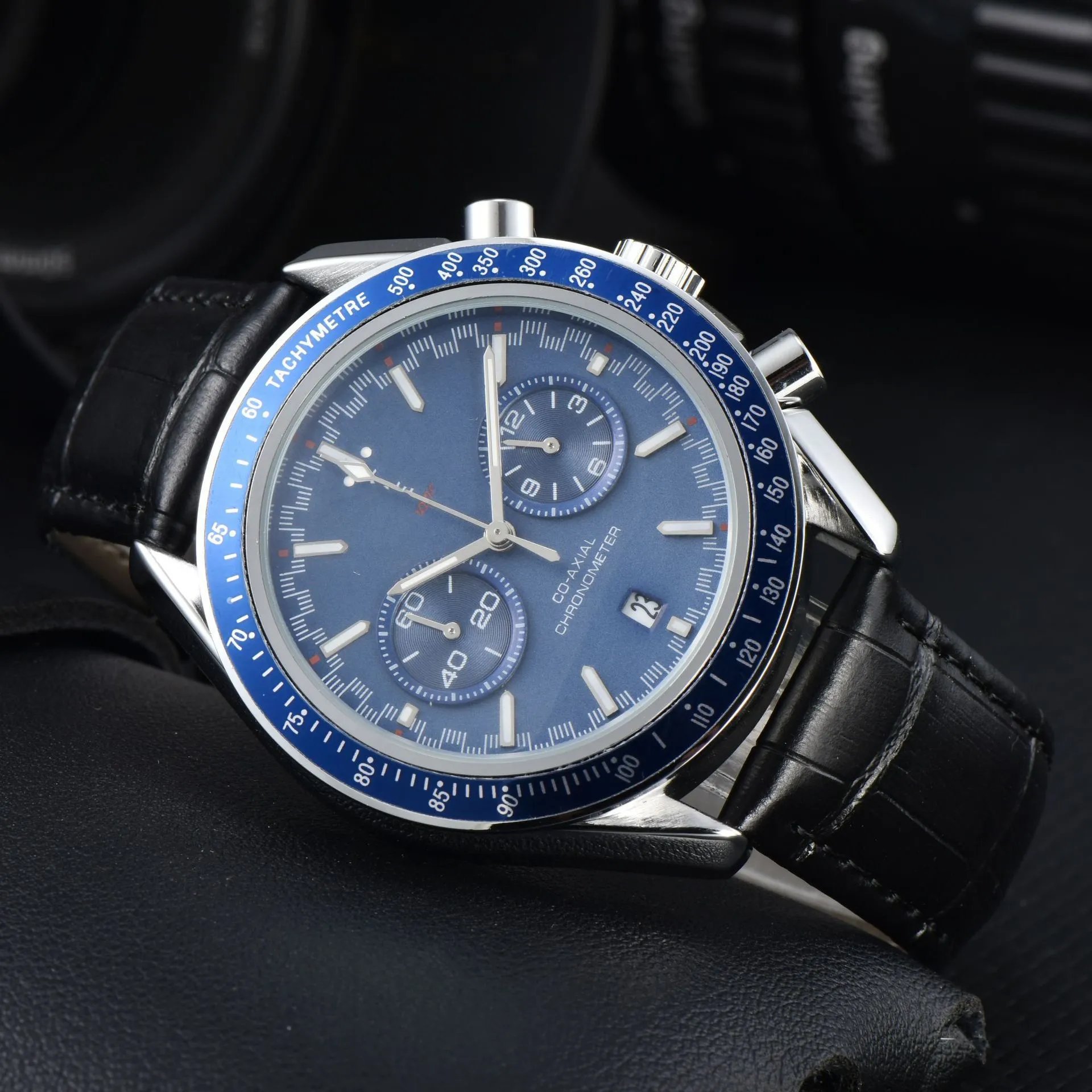 Design Chronograph Tachymetre Black Dial Rose Gold Case Leather Strap Watch Watches - 10