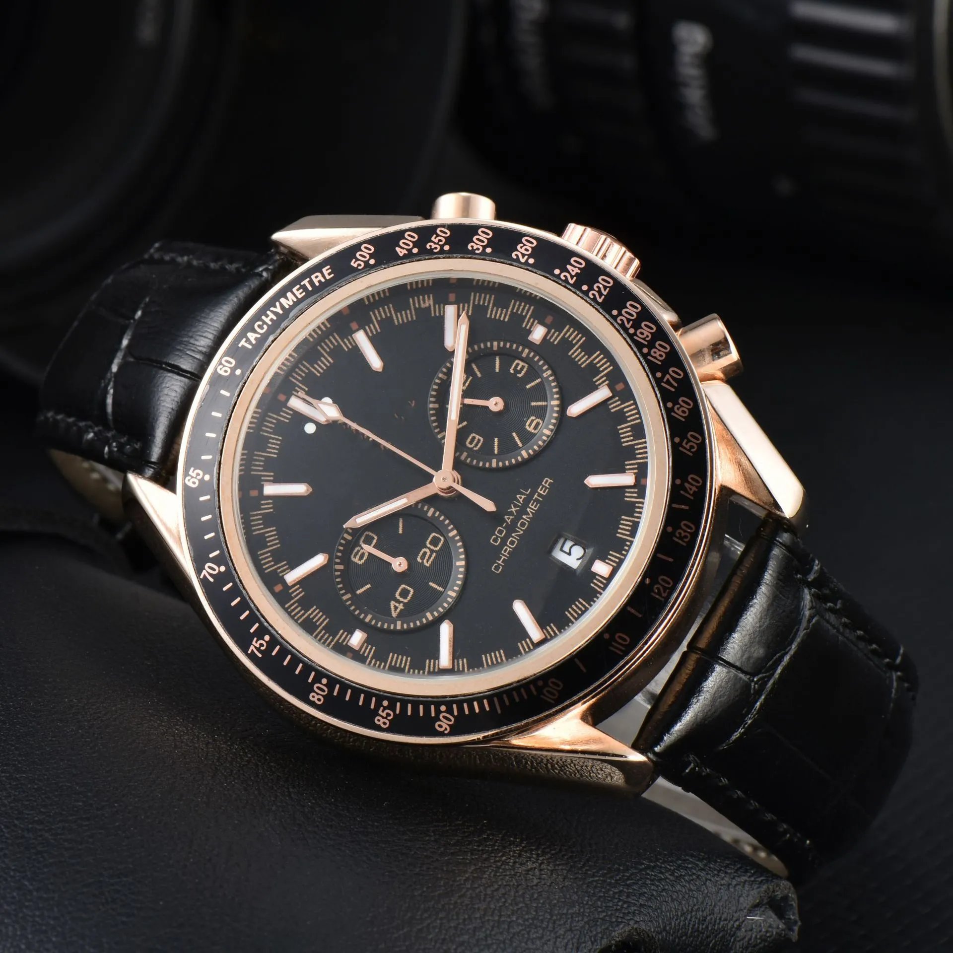 Design Chronograph Tachymetre Black Dial Rose Gold Case Leather Strap Watch Watches - 13