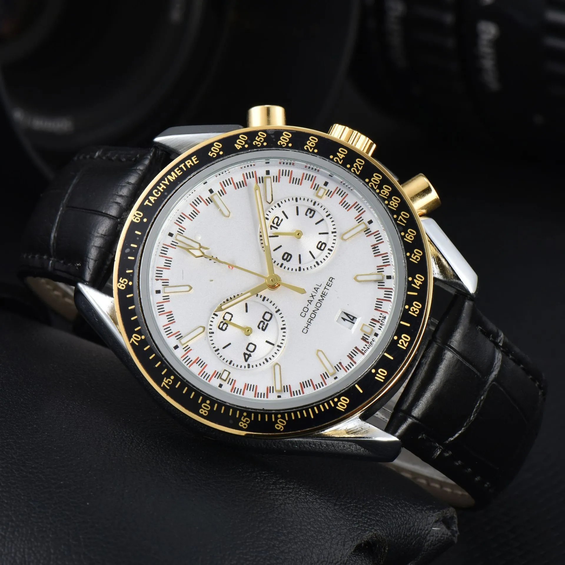 Design Chronograph Tachymetre Black Dial Rose Gold Case Leather Strap Watch Watches - 17
