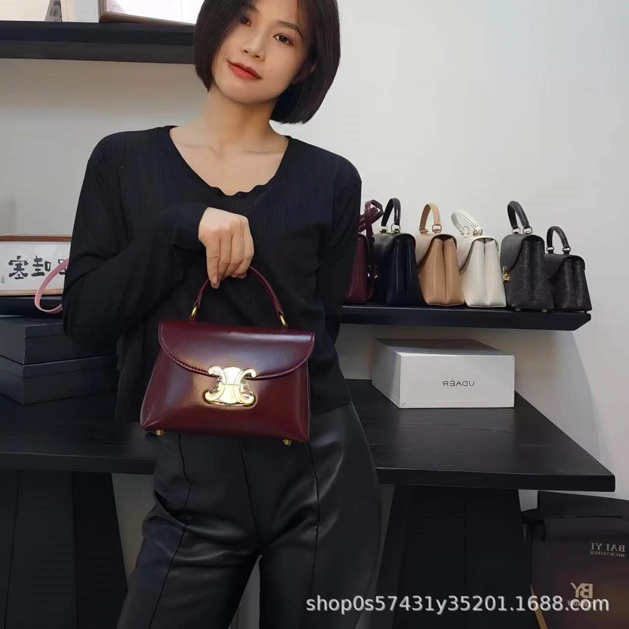 Celine Triomphe Mini Bag Burgundy Leather Handbag - 22