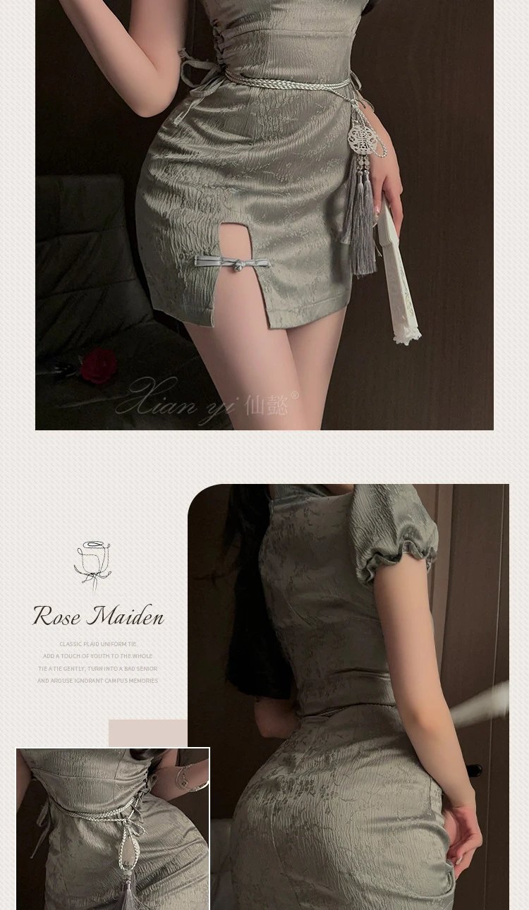 Design Retro Cheongsam Skirt in Sage Green with Tassel Waist Tie Skirt - 10