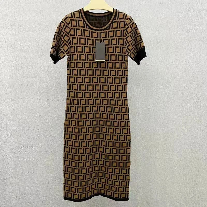Design Geometric Print Knit Dress Beige and Black