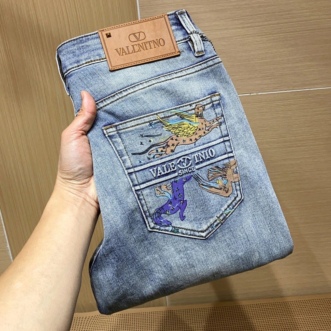 Valentino Embroidered Pocket Jeans Light Wash Blue
