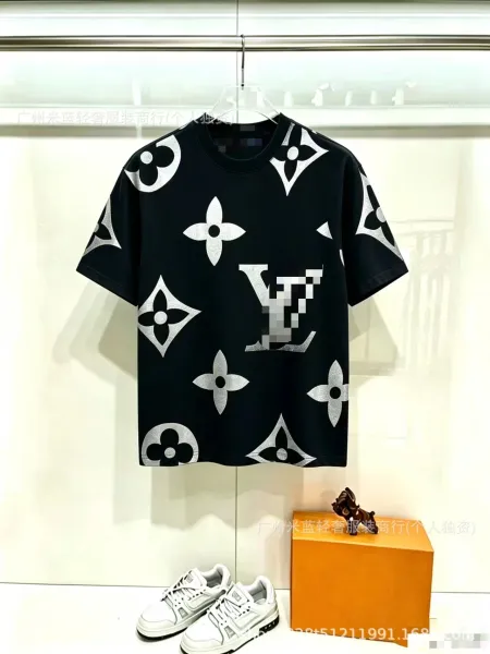 Louis Vuitton Monogram Print Black T-Shirt with Silver Foil Logo - 1