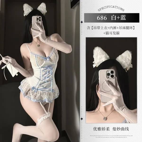 Design Lace Corset Bodysuit Set White + Blue with Cat Ear Hairband Underwear - 1