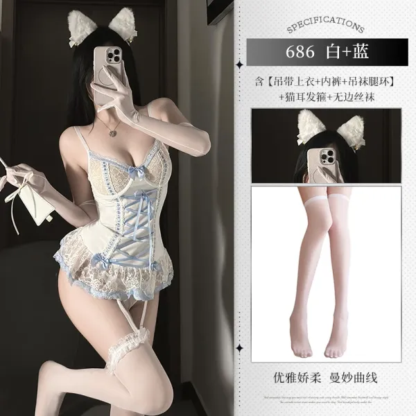 Design Lace Corset Set White + Blue Lingerie Underwear - 1