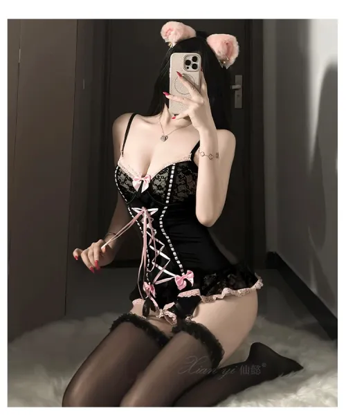 Design Corset Lingerie Set Black + Pink with Cat Ear Headband Underwear - 8