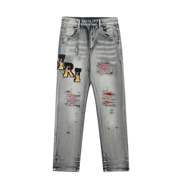 Amiri Flame Logo Distressed Gray Jeans - 1