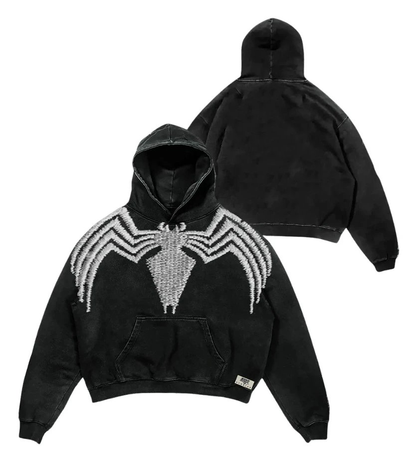 Spider! Venom Logo Embroidered Distressed Black Hoodie