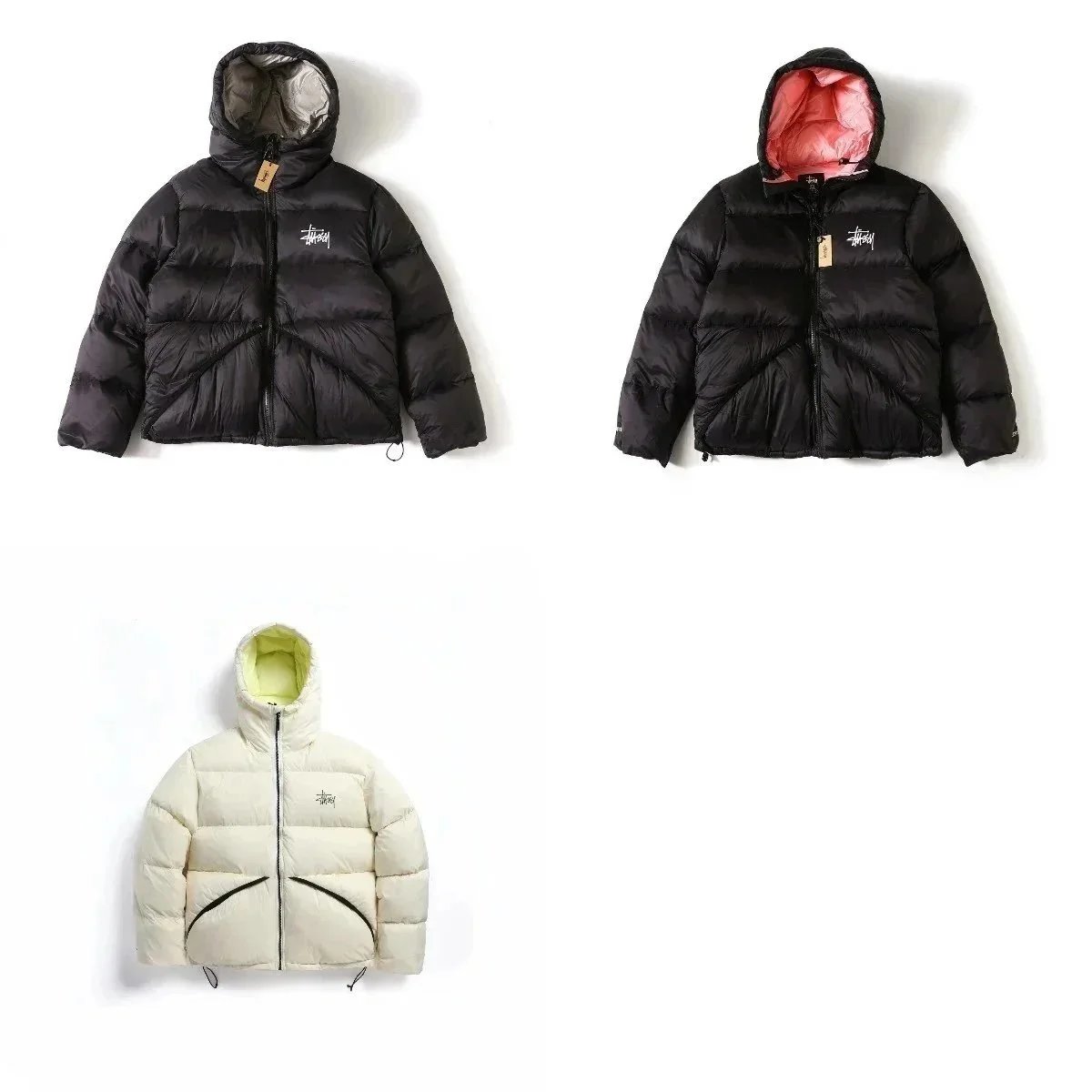 Stussy Black and White Puffer Jackets with Hood