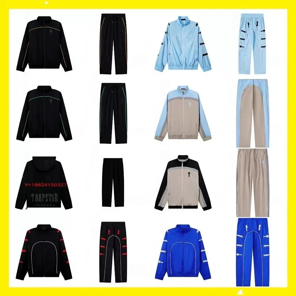 Various Tracksuits in Black, Blue, and Beige with Zipper Jackets and Matching Pants