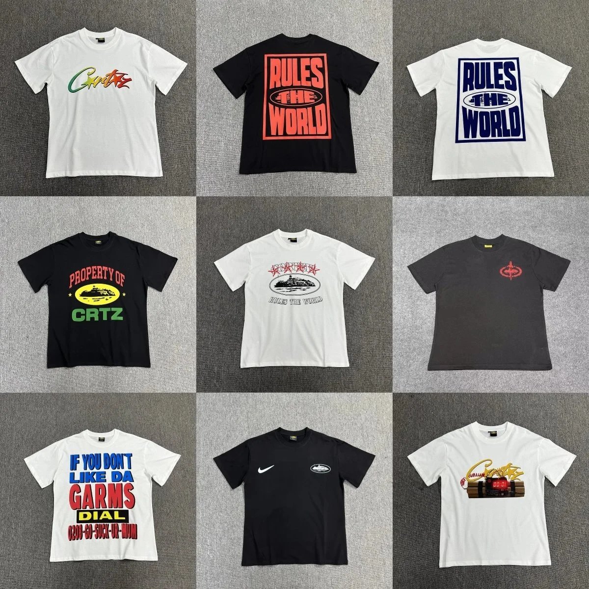 Assorted Graphic Print T-Shirts in Black, White, and Grey