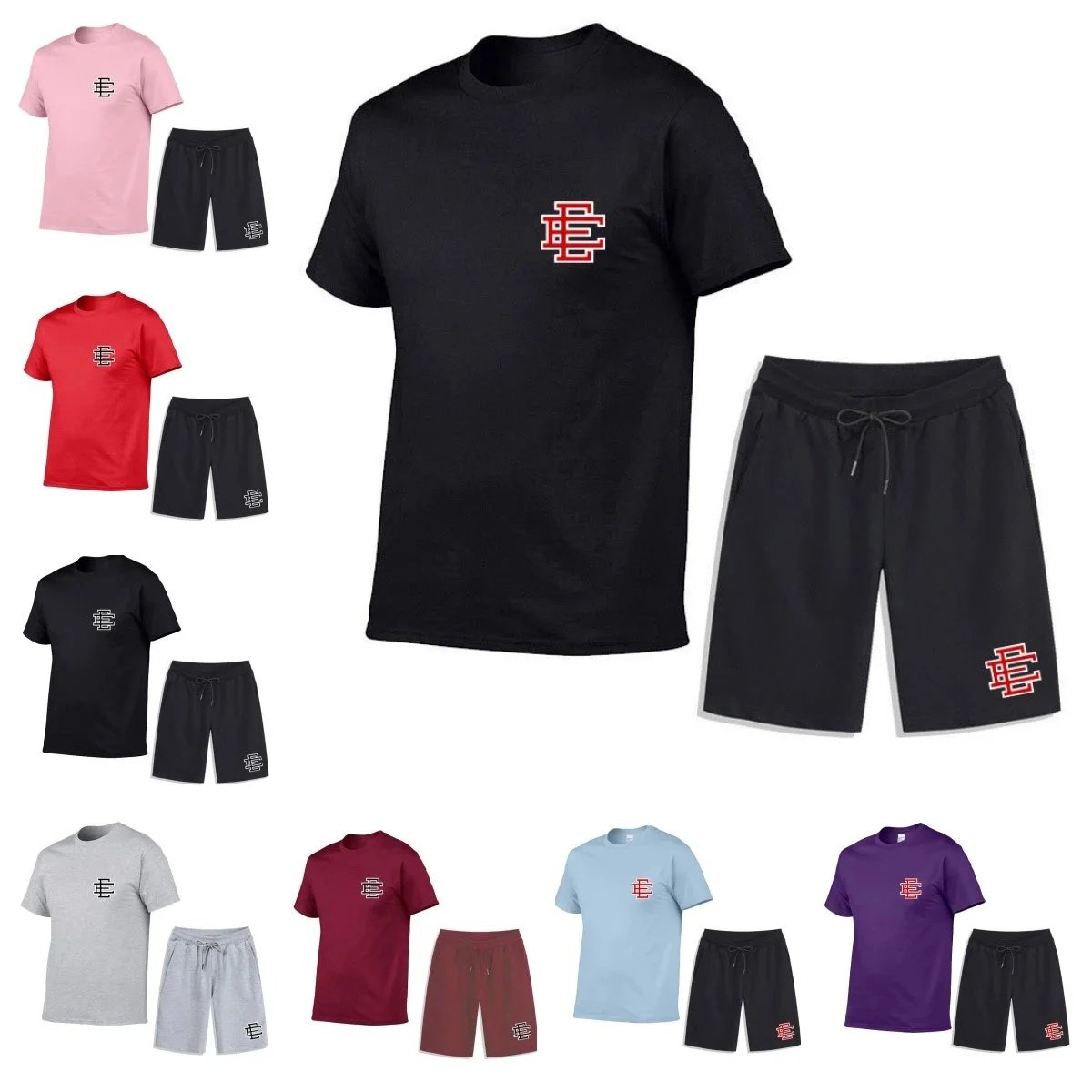 Black T-Shirt and Shorts Set with Red Logo