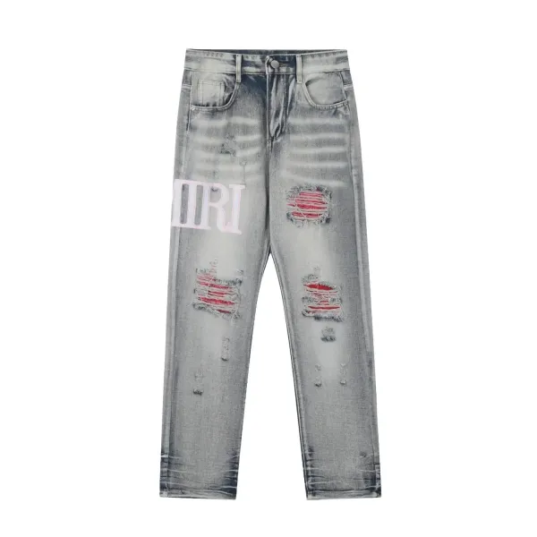 Amiri Distressed Logo Washed Gray Jeans - 1