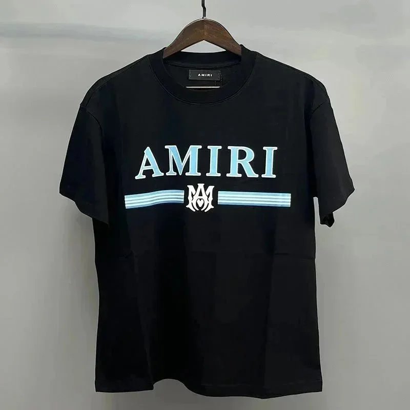 AMIRI T-Shirts Oversized graphic crew-neck T-shirt — Black and blue horizontal lettering