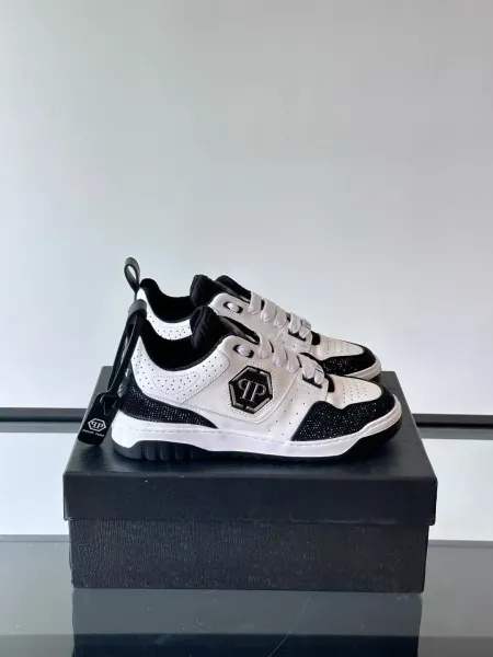 Philipp Plein PP Diamond-Embellished White and Navy Sneakers - 37