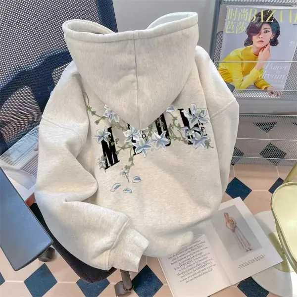 Design Floral Embroidered Hoodie Light Gray - 1