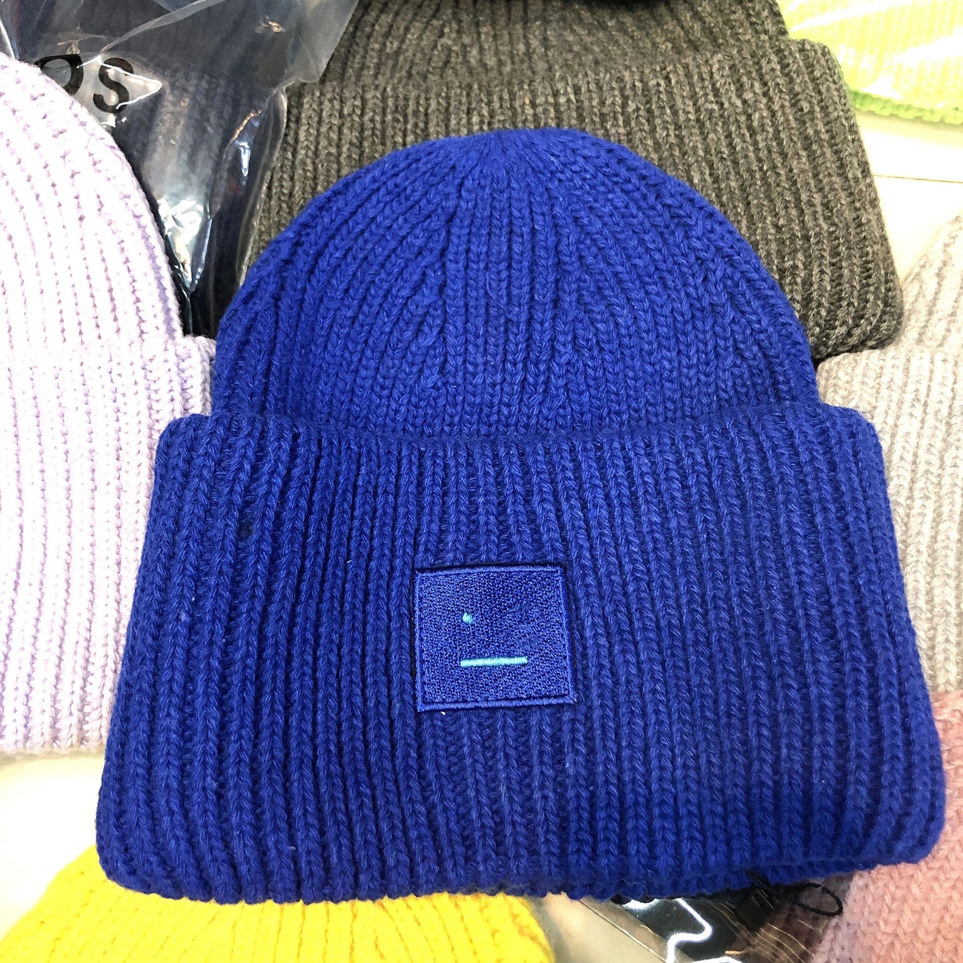 Design Ribbed Knit Beanie with Embroidered Smiley Patch in Royal Blue - 7