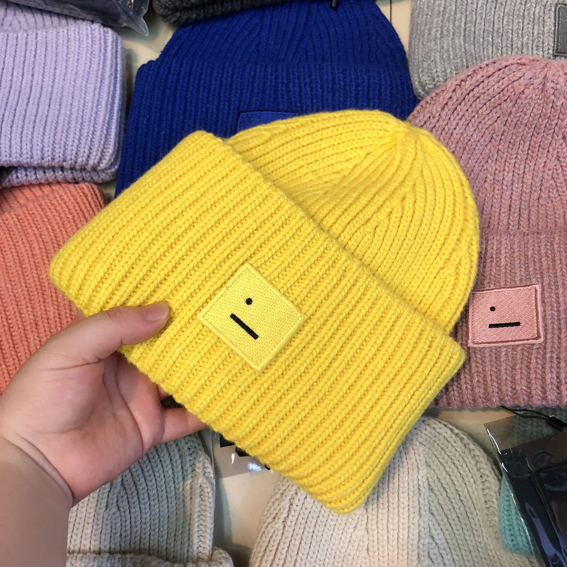 Design Ribbed Knit Beanie with Embroidered Smiley Patch in Royal Blue - 13