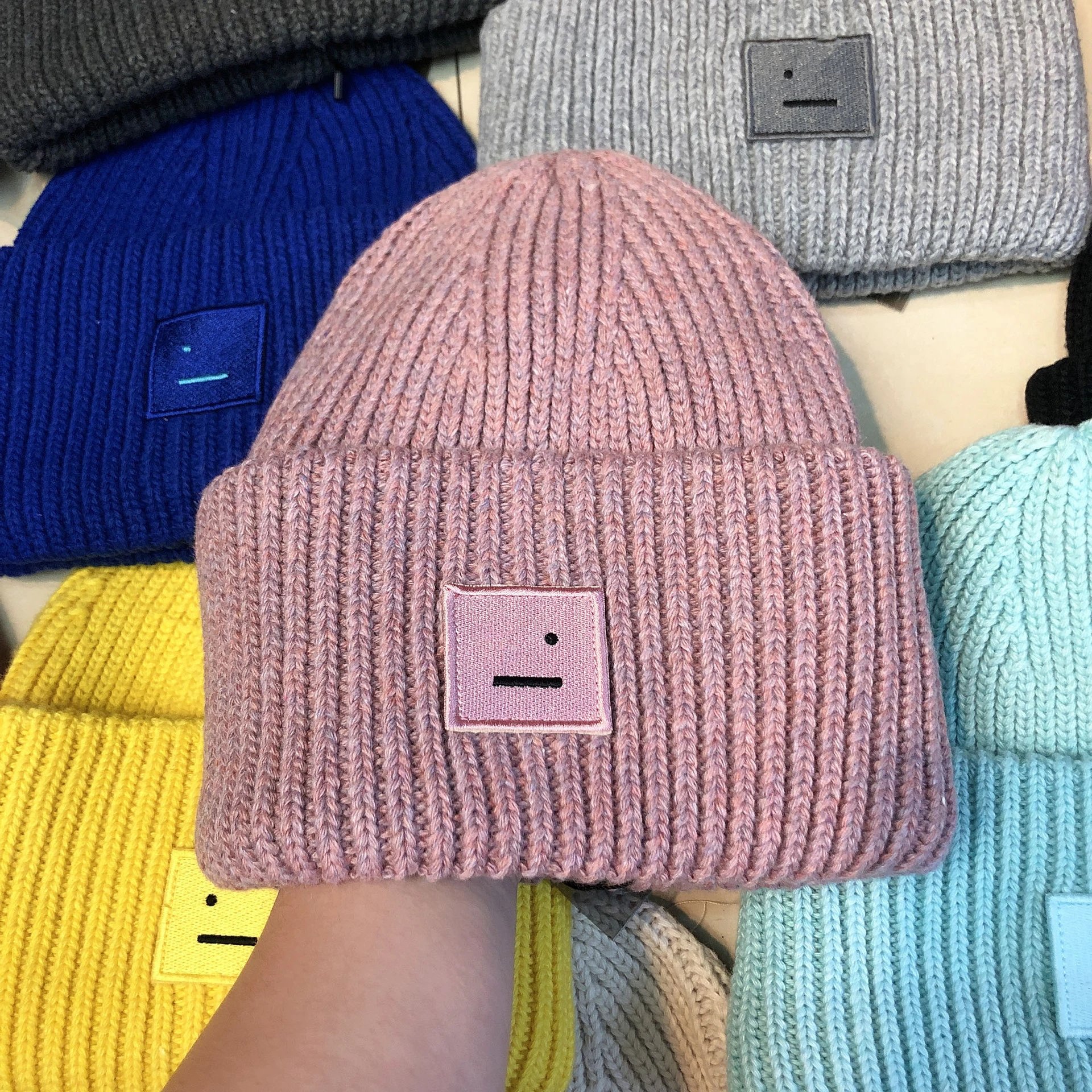 Design Ribbed Knit Beanie with Embroidered Smiley Patch in Royal Blue - 21