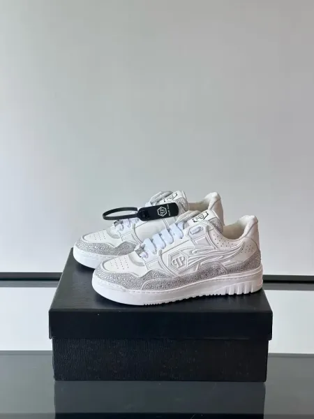 Philipp Plein PP Diamond-Embellished White and Navy Sneakers - 24