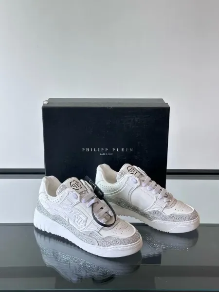 Philipp Plein PP Diamond-Embellished White and Navy Sneakers - 25