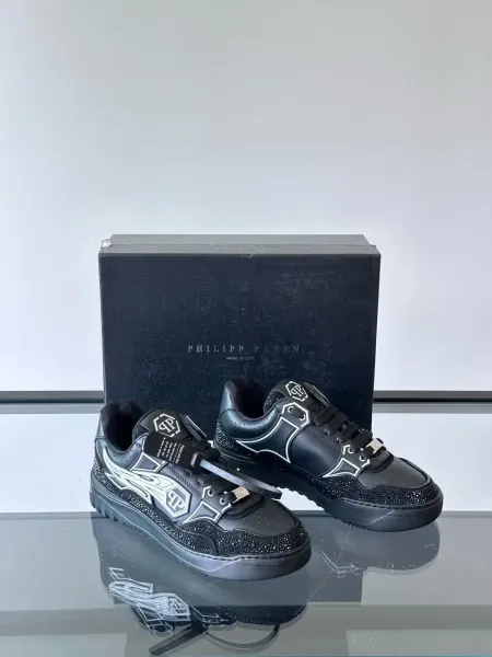 Philipp Plein PP Diamond-Embellished White and Navy Sneakers - 29