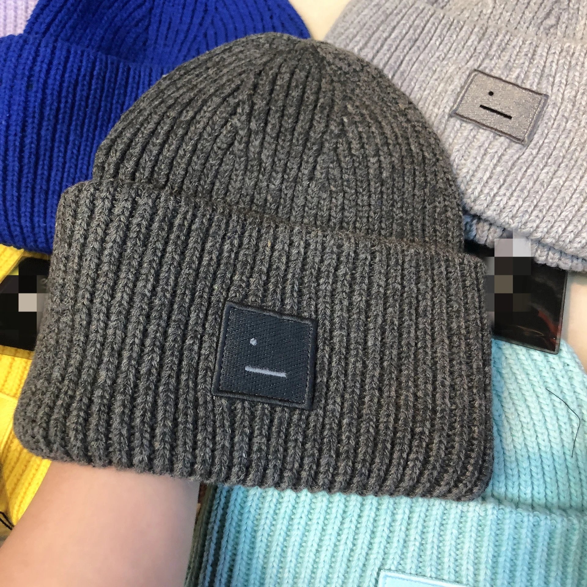 Design Ribbed Knit Beanie with Embroidered Smiley Patch in Royal Blue - 15