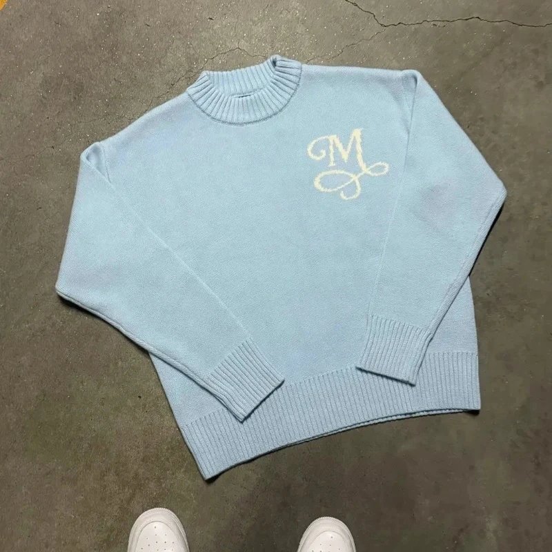 Cross-border欧美Letter Jacquard Sweater Unisex Y2K High Street Niche Design Loose Versatile Knitwear