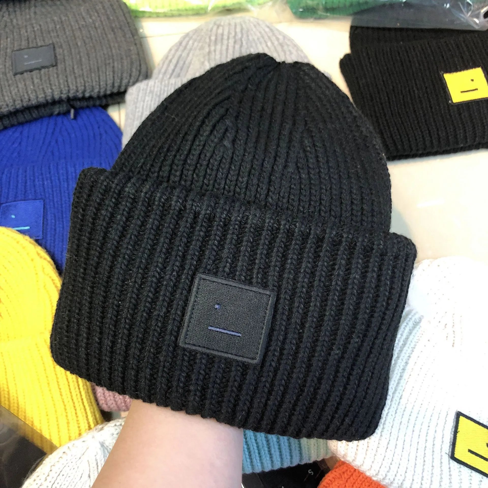 Design Ribbed Knit Beanie with Embroidered Smiley Patch in Royal Blue - 10