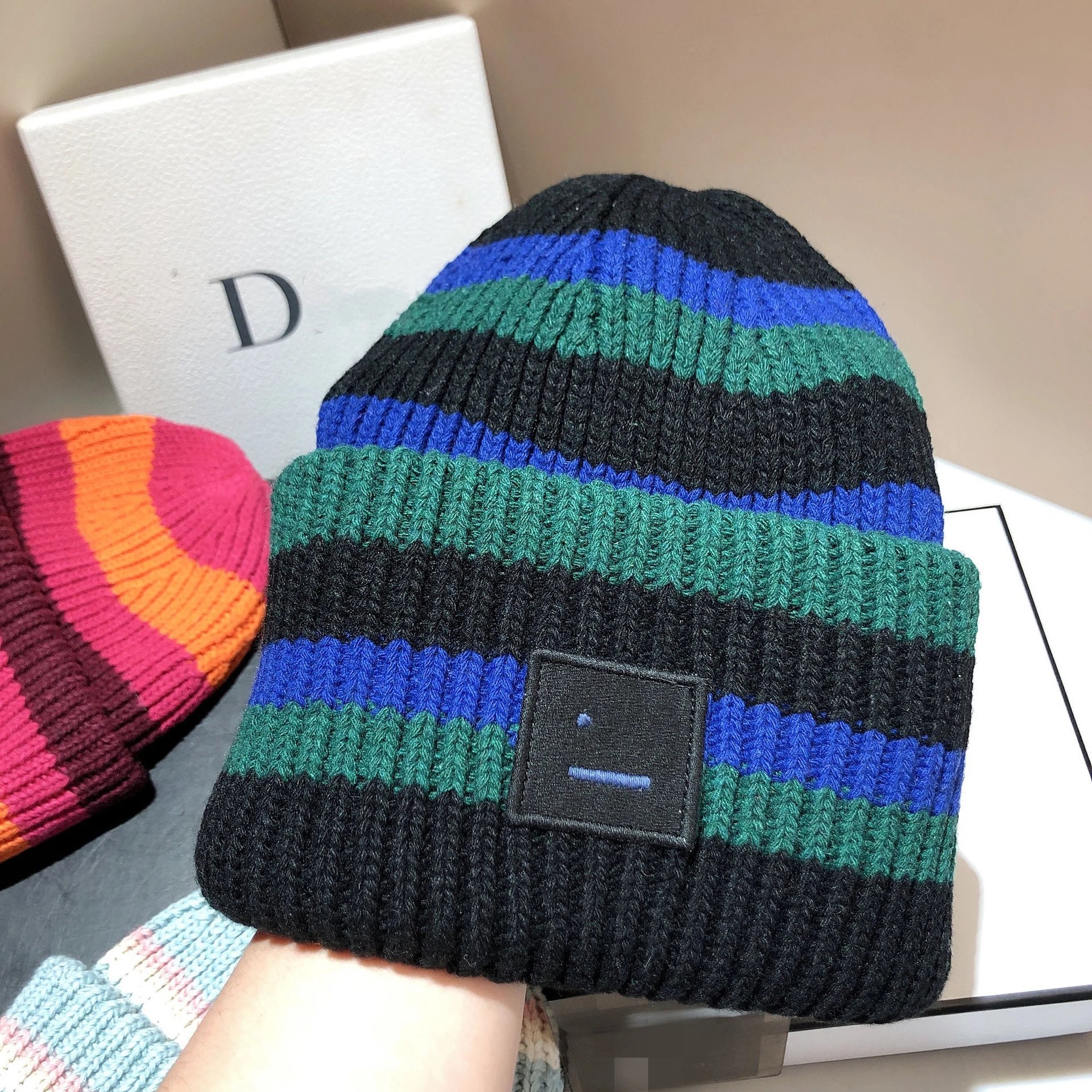 Design Ribbed Knit Beanie with Embroidered Smiley Patch in Royal Blue - 16