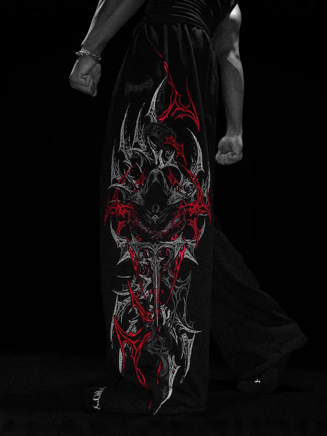 Black Pants with Red and Silver Tribal Design