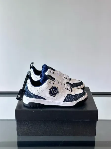 Philipp Plein PP Diamond-Embellished White and Navy Sneakers - 30