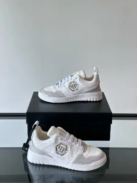 Philipp Plein PP Diamond-Embellished White and Navy Sneakers - 44