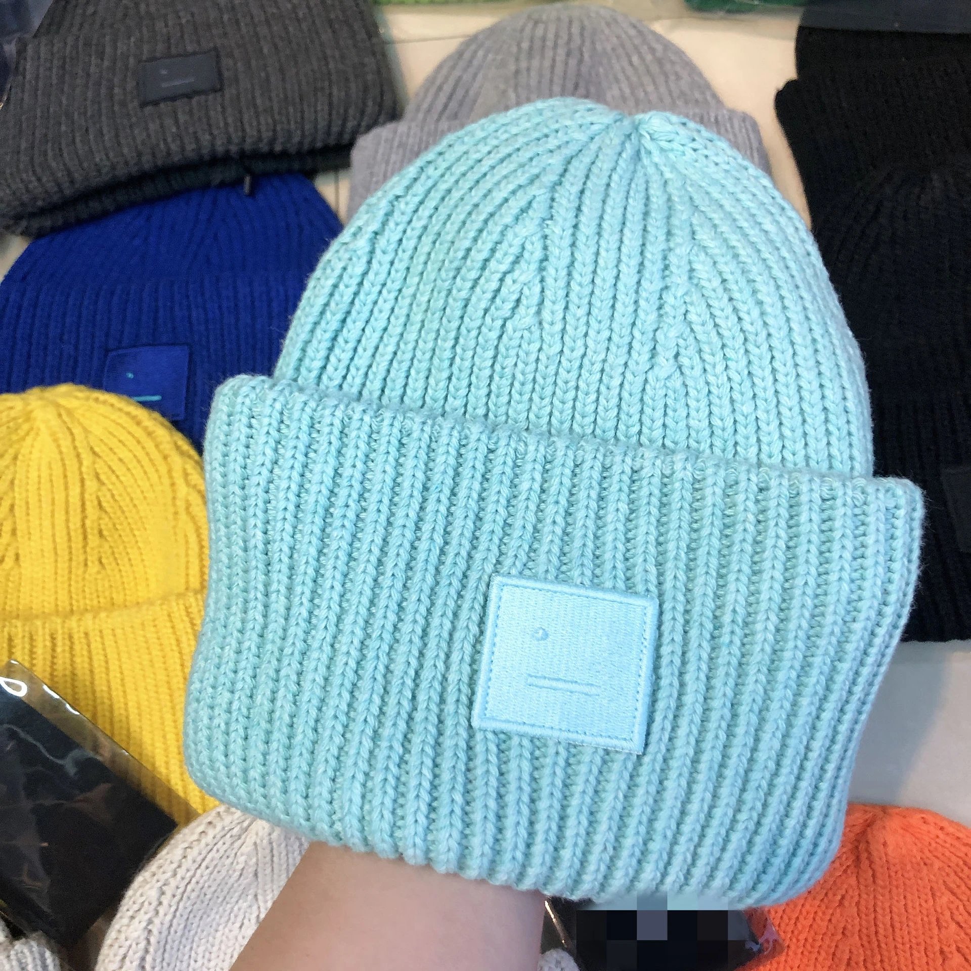 Design Ribbed Knit Beanie with Embroidered Smiley Patch in Royal Blue - 20