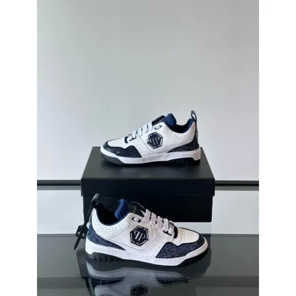 Philipp Plein PP Diamond-Embellished White and Navy Sneakers - 1