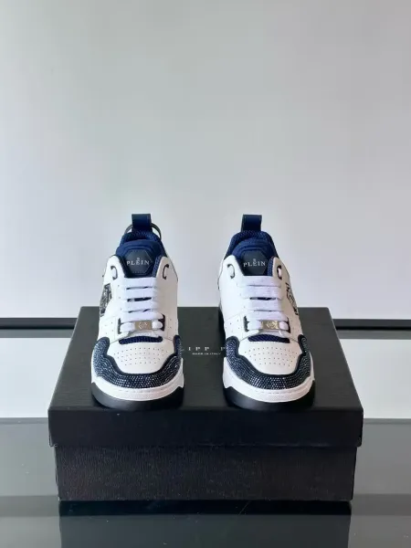 Philipp Plein PP Diamond-Embellished White and Navy Sneakers - 31