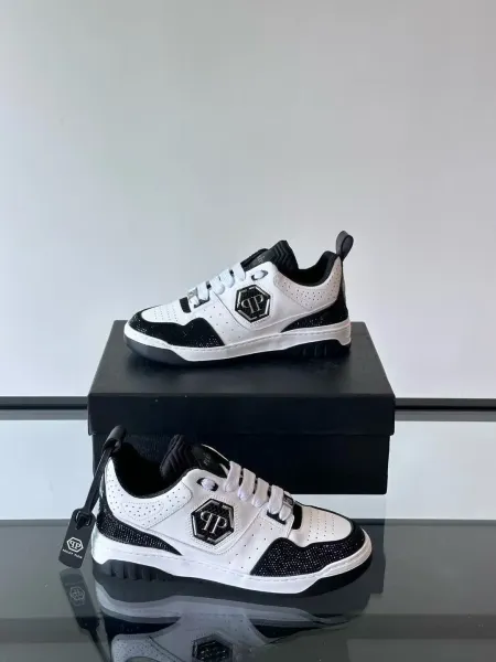 Philipp Plein PP Diamond-Embellished White and Navy Sneakers - 39