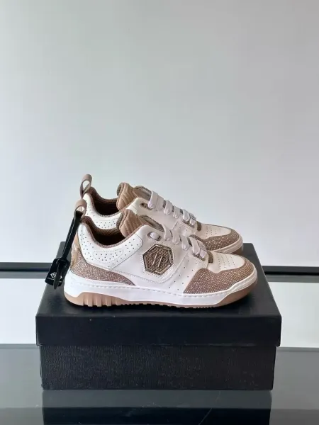 Philipp Plein PP Diamond-Embellished White and Navy Sneakers - 34