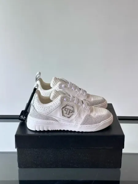 Philipp Plein PP Diamond-Embellished White and Navy Sneakers - 42