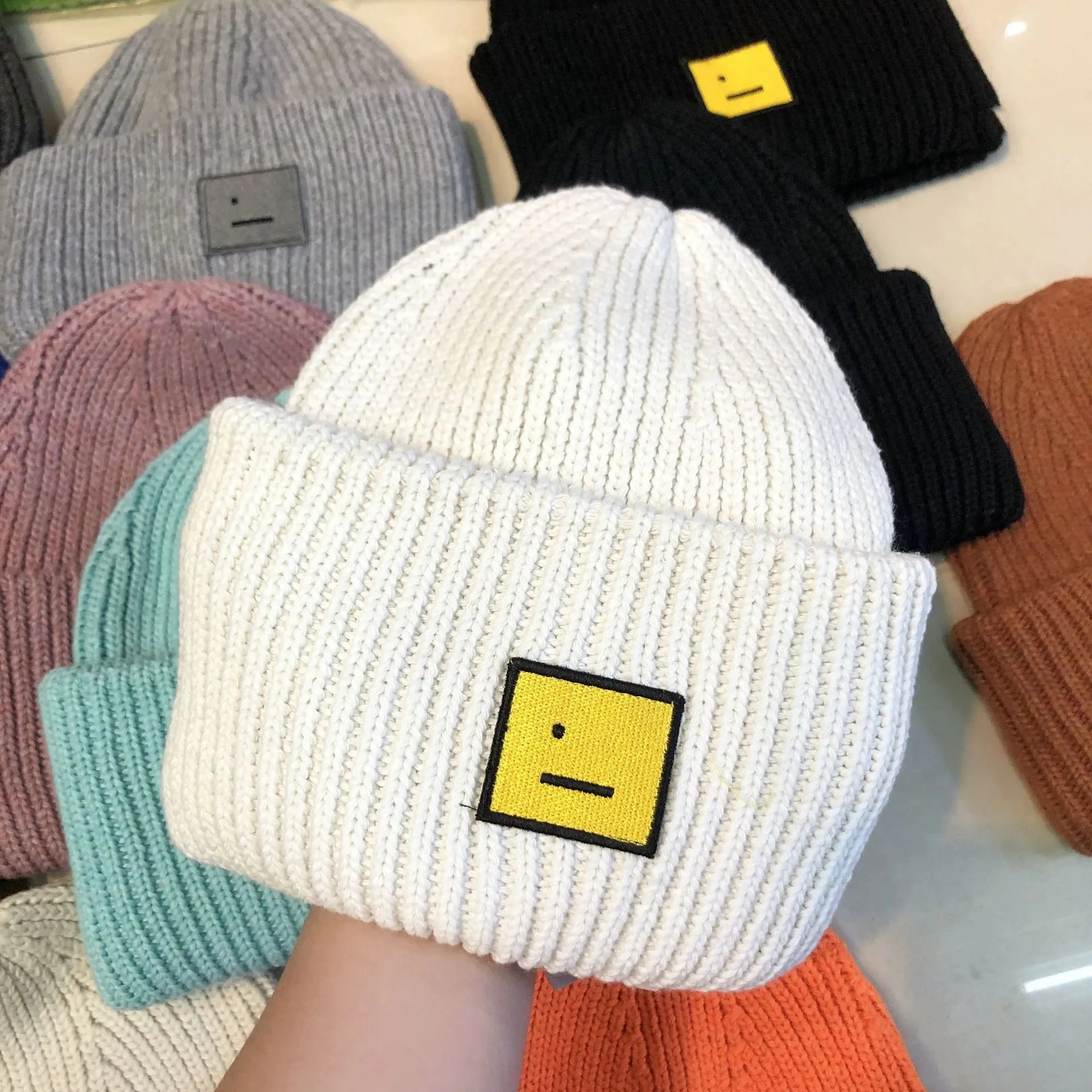 Design Ribbed Knit Beanie with Embroidered Smiley Patch in Royal Blue - 5